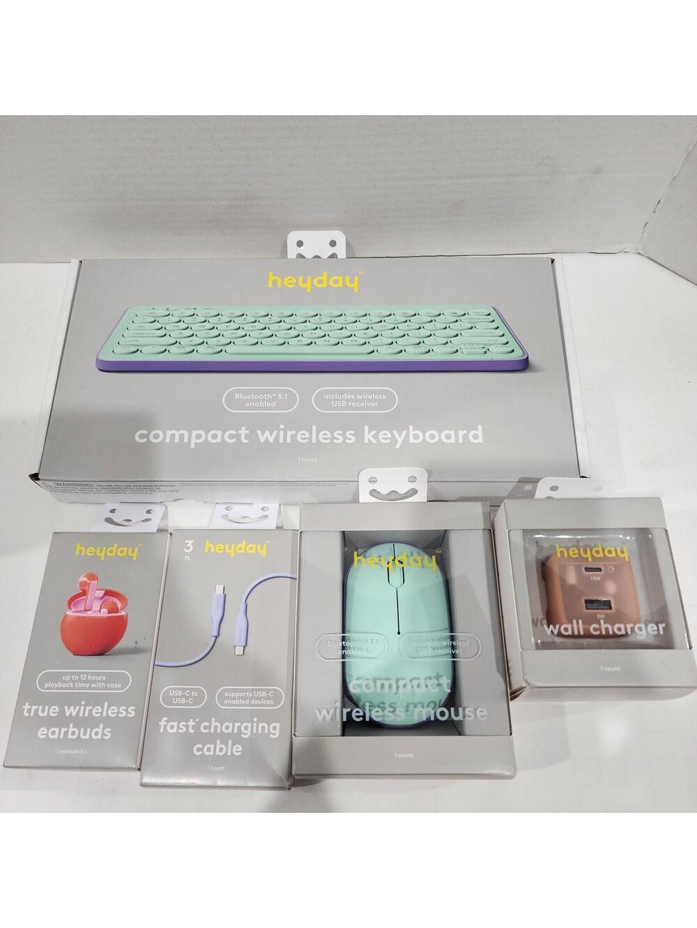 *Bundle* HeyDay Bluetooth Keyboard / Mouse / Earbuds / Wall Charger /Cable LOT 1